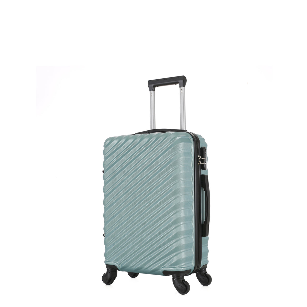 Angled view of the Small teal hard-shell suitcase showing the ribbed shell, zip closure, side carry handle and spinner wheels.