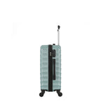 Side view of the Small teal hard-shell suitcase showing the combination lock, zip closure, side carry handle and spinner wheels.