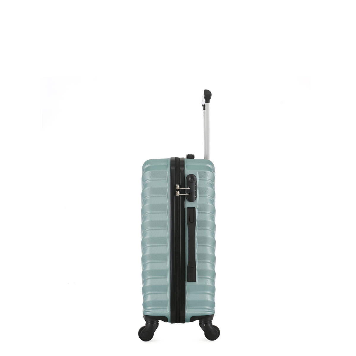 Side view of the Small teal hard-shell suitcase showing the combination lock, zip closure, side carry handle and spinner wheels.