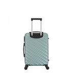 Rear view of the Small teal hard-shell suitcase with diagonal ribbed detailing, telescopic handle and spinner wheels.