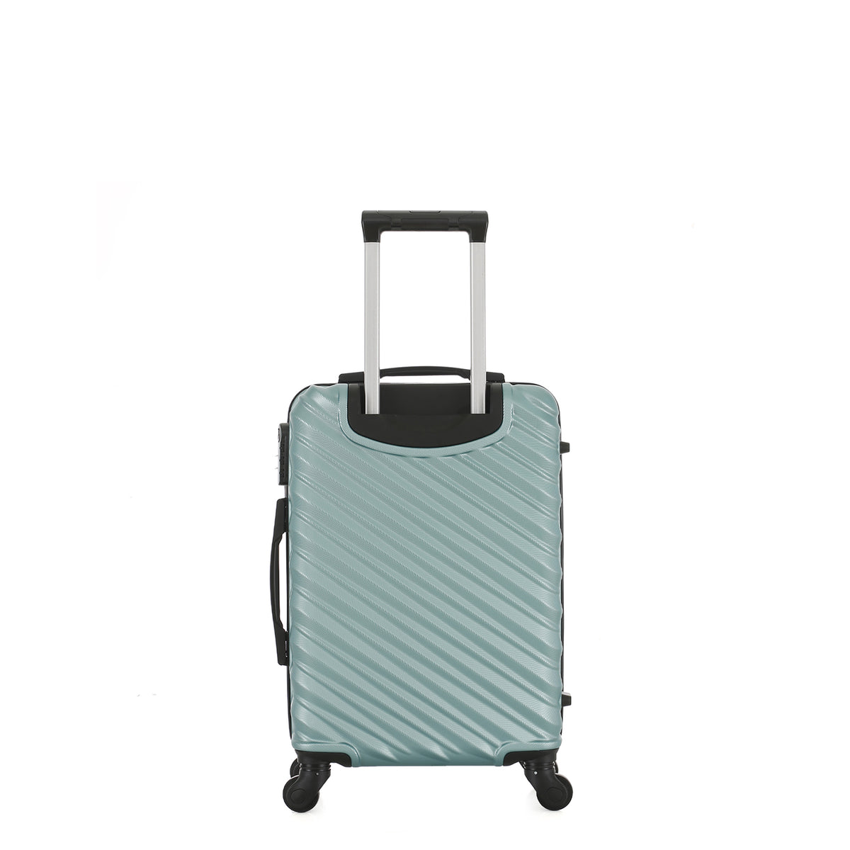 Rear view of the Small teal hard-shell suitcase with diagonal ribbed detailing, telescopic handle and spinner wheels.