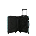 Open view of the Small teal hard-shell suitcase showing the black lined interior, zippered divider compartment and adjustable packing straps.