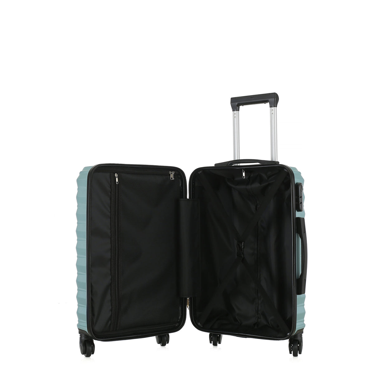 Open view of the Small teal hard-shell suitcase showing the black lined interior, zippered divider compartment and adjustable packing straps.