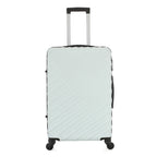 Side view of the Large mint hard-shell suitcase showing the combination lock, zip closure, side carry handle and spinner wheels.