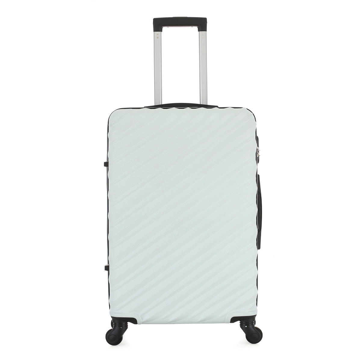 Side view of the Large mint hard-shell suitcase showing the combination lock, zip closure, side carry handle and spinner wheels.