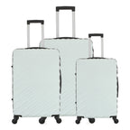 Three mint hard-shell suitcases in Small, Medium and Large sizes, featuring diagonal ribbed detailing, telescopic handles and spinner wheels.