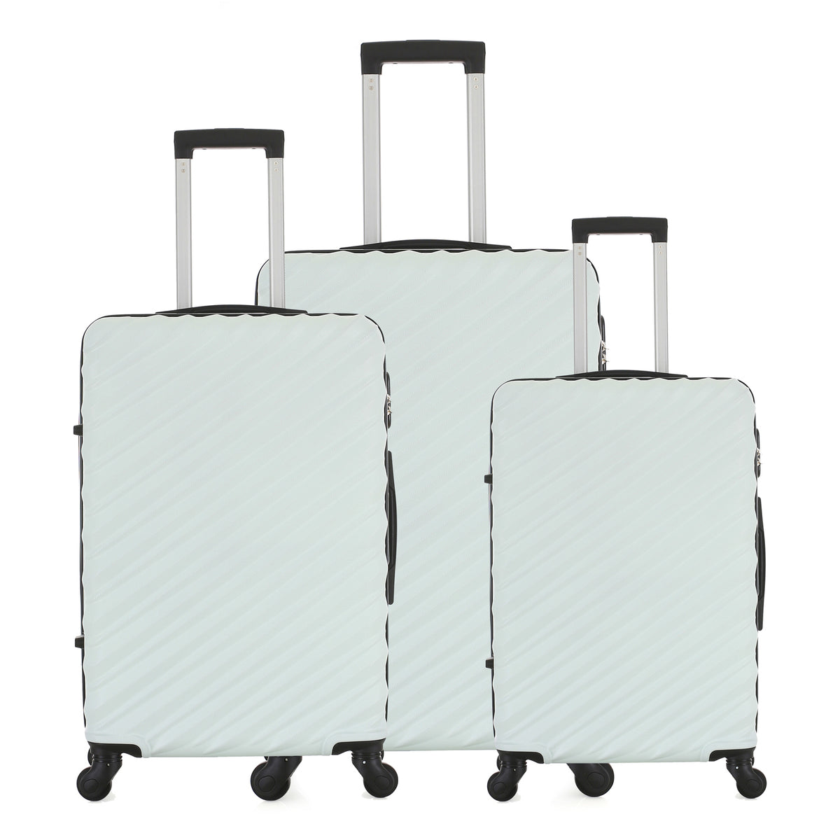 Three mint hard-shell suitcases in Small, Medium and Large sizes, featuring diagonal ribbed detailing, telescopic handles and spinner wheels.
