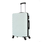 Open view of the Large mint hard-shell suitcase showing the black lined interior, zippered divider compartment and adjustable packing straps.