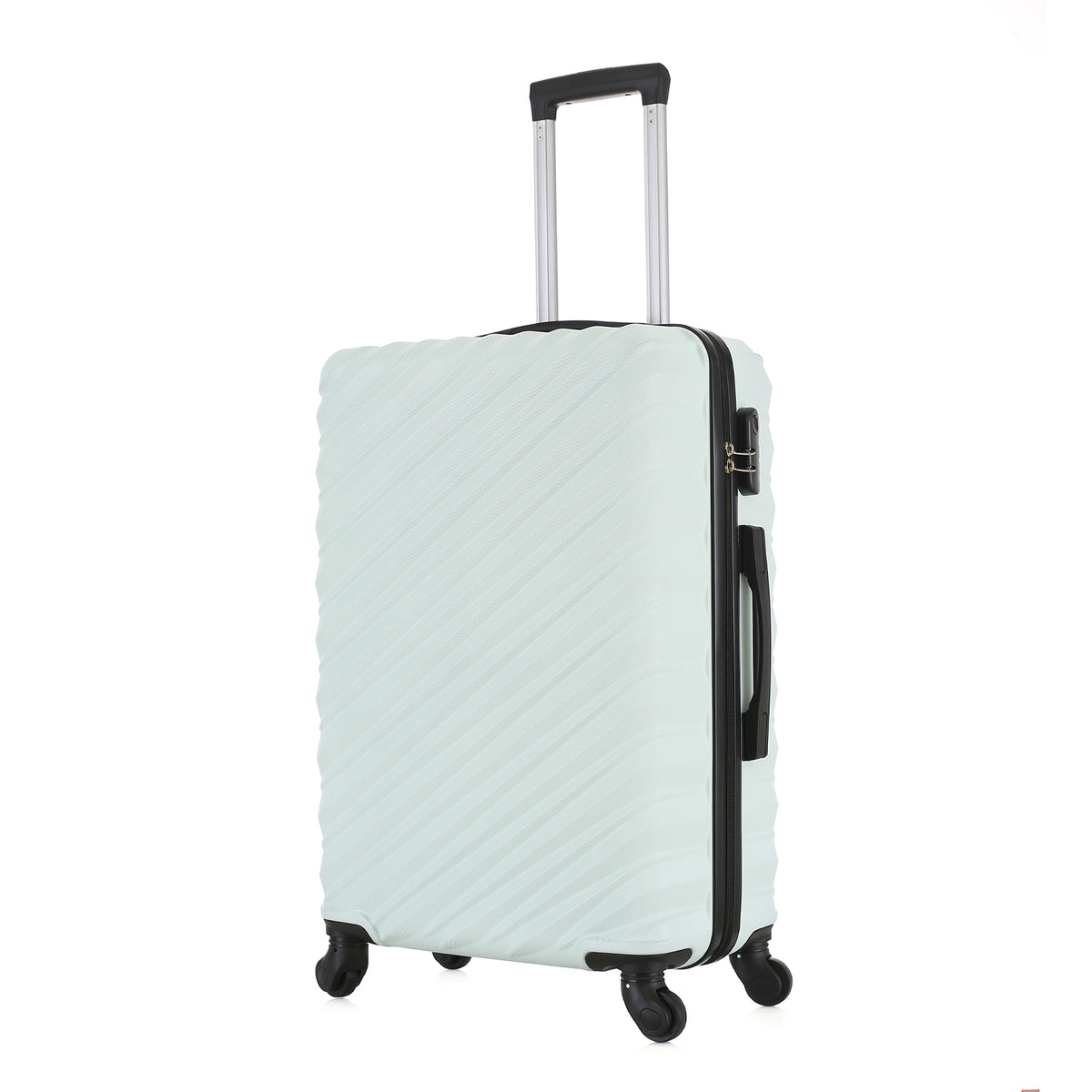 Open view of the Large mint hard-shell suitcase showing the black lined interior, zippered divider compartment and adjustable packing straps.