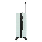 Front view of the Medium mint hard-shell suitcase with diagonal ribbed detailing, extended telescopic handle and spinner wheels.