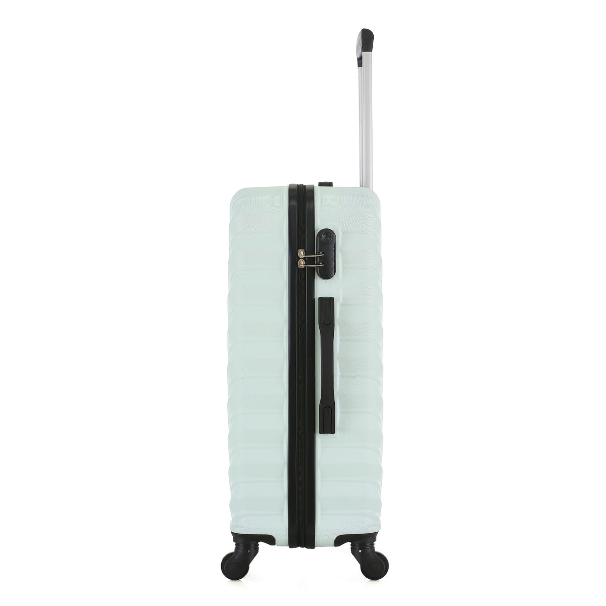Front view of the Medium mint hard-shell suitcase with diagonal ribbed detailing, extended telescopic handle and spinner wheels.