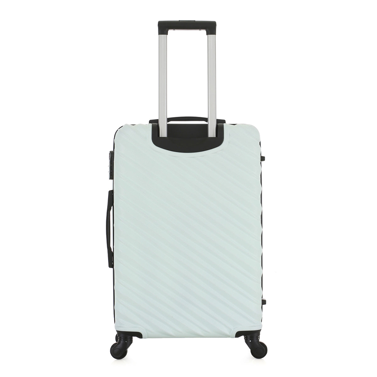 Rear view of the Large mint hard-shell suitcase with diagonal ribbed detailing, telescopic handle and spinner wheels.