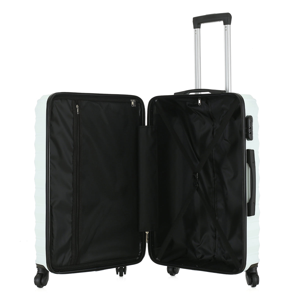 Angled view of the Medium mint hard-shell suitcase showing the ribbed shell, zip closure, side carry handle and spinner wheels.