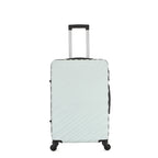 Angled view of the Large mint hard-shell suitcase showing the ribbed shell, zip closure, side carry handle and spinner wheels.