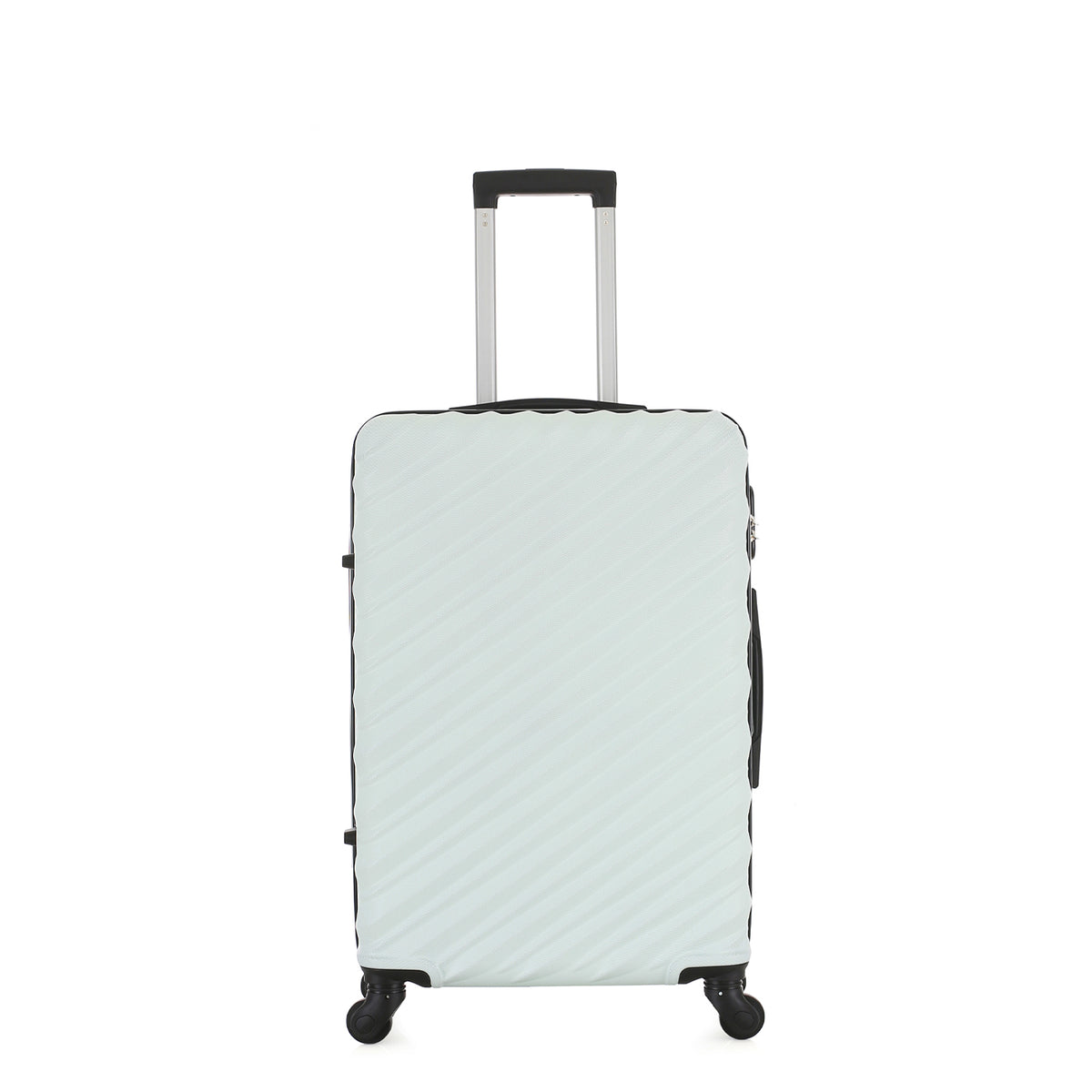 Angled view of the Large mint hard-shell suitcase showing the ribbed shell, zip closure, side carry handle and spinner wheels.
