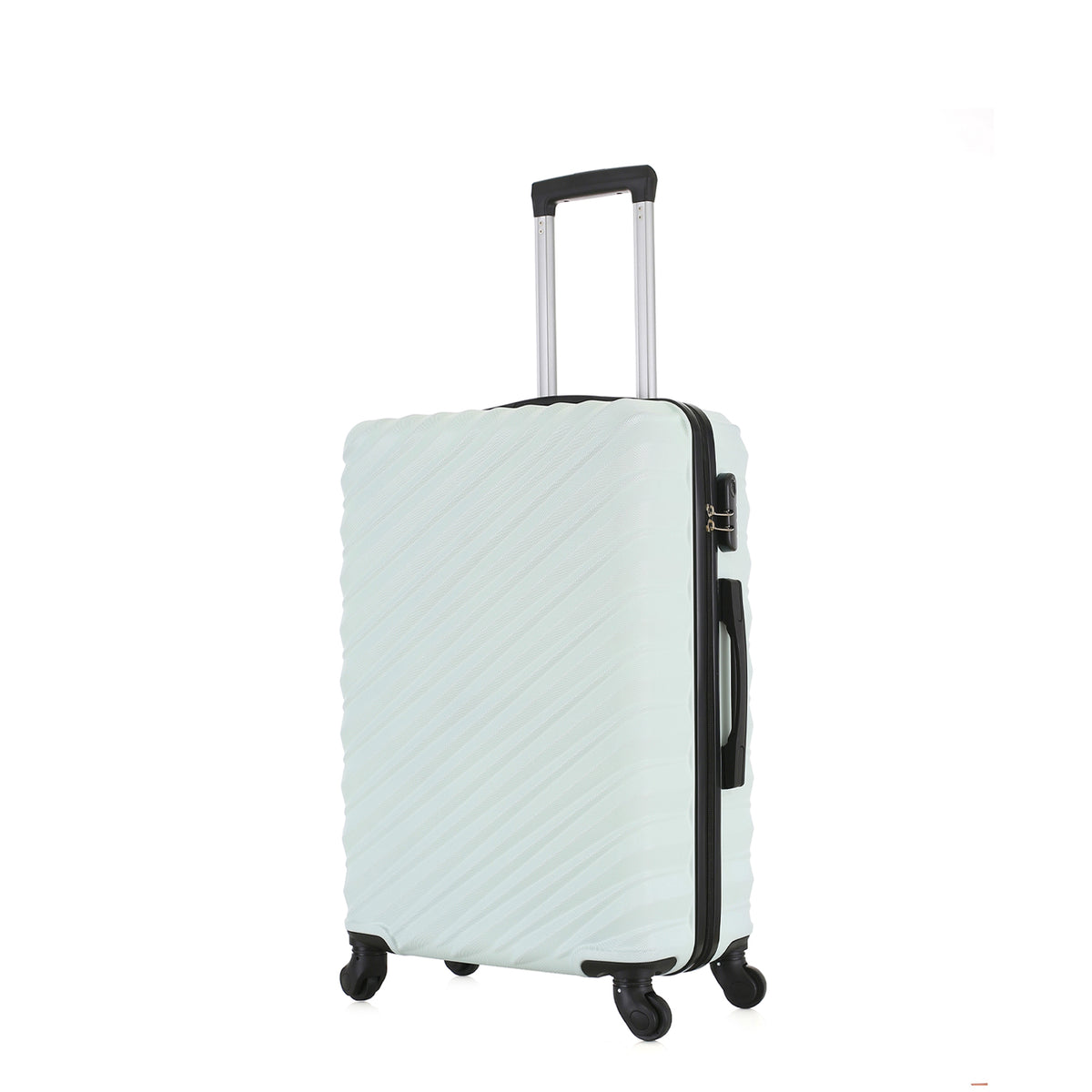 Side view of the Medium mint hard-shell suitcase showing the combination lock, zip closure, side carry handle and spinner wheels.
