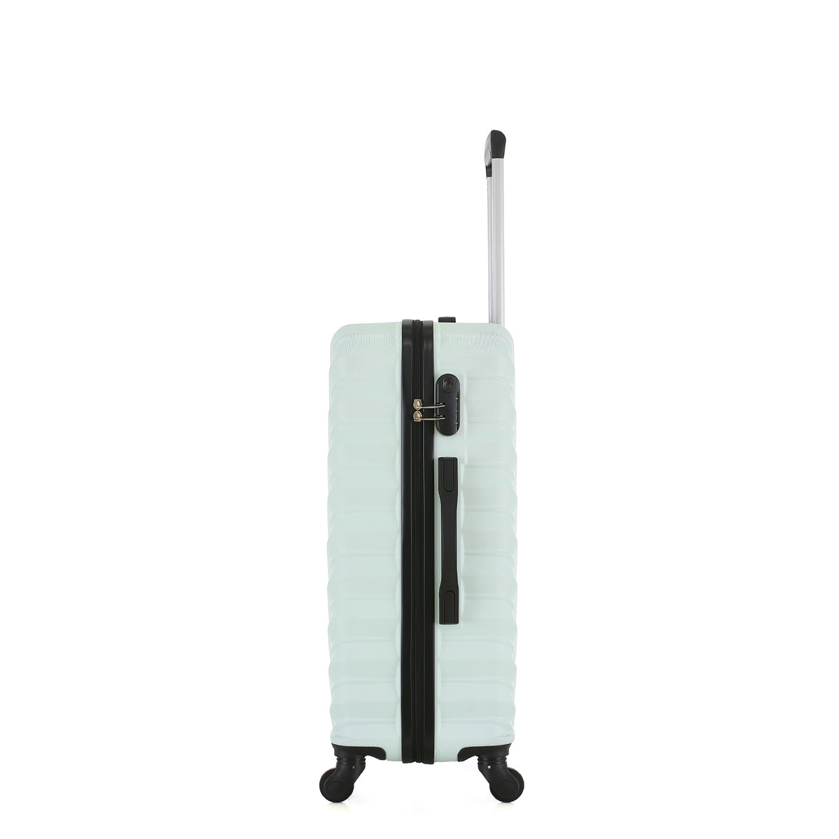 Rear view of the Medium mint hard-shell suitcase with diagonal ribbed detailing, telescopic handle and spinner wheels.