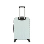 Open view of the Medium mint hard-shell suitcase showing the black lined interior, zippered divider compartment and adjustable packing straps.