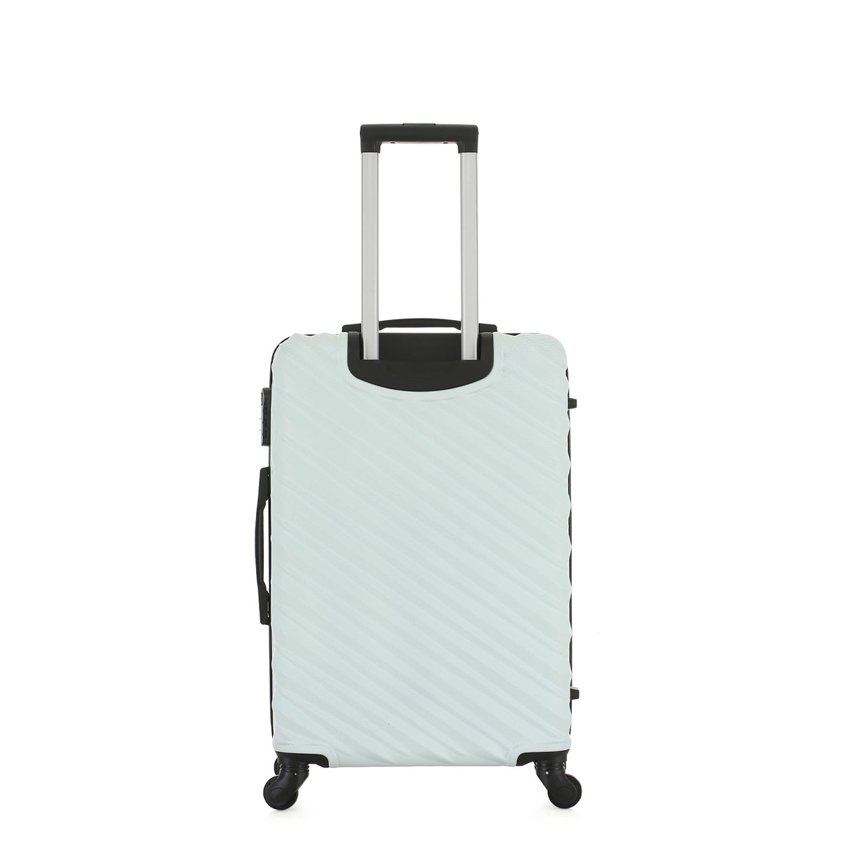 Open view of the Medium mint hard-shell suitcase showing the black lined interior, zippered divider compartment and adjustable packing straps.