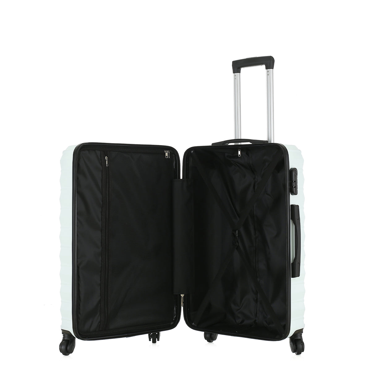 Front view of the Small mint hard-shell suitcase with diagonal ribbed detailing, telescopic handle and spinner wheels.