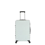 Front view of the Large mint hard-shell suitcase with diagonal ribbed detailing, extended telescopic handle and spinner wheels.