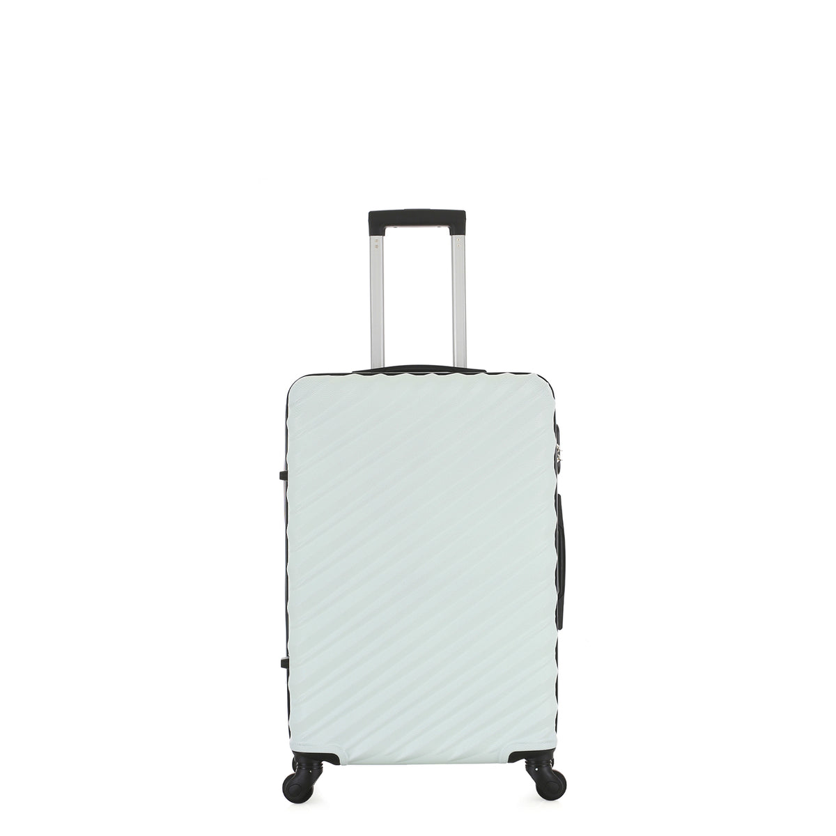 Front view of the Large mint hard-shell suitcase with diagonal ribbed detailing, extended telescopic handle and spinner wheels.