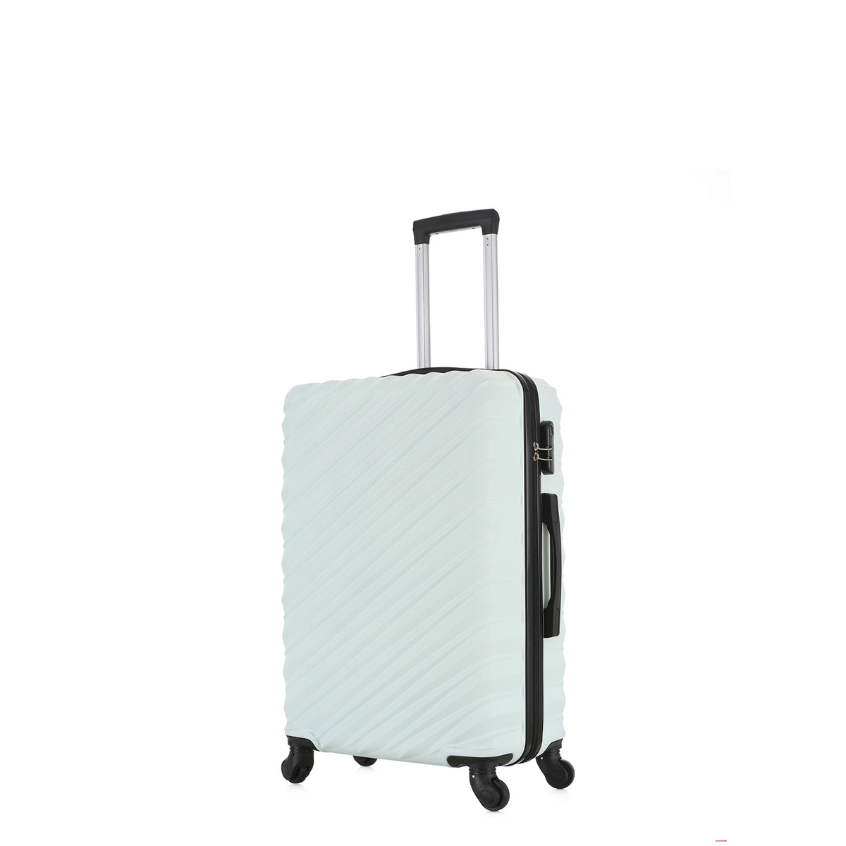 Angled view of the Small mint hard-shell suitcase showing the ribbed shell, zip closure, side carry handle and spinner wheels.