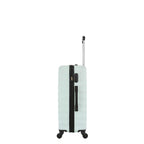 Side view of the Small mint hard-shell suitcase showing the combination lock, zip closure, side carry handle and spinner wheels.
