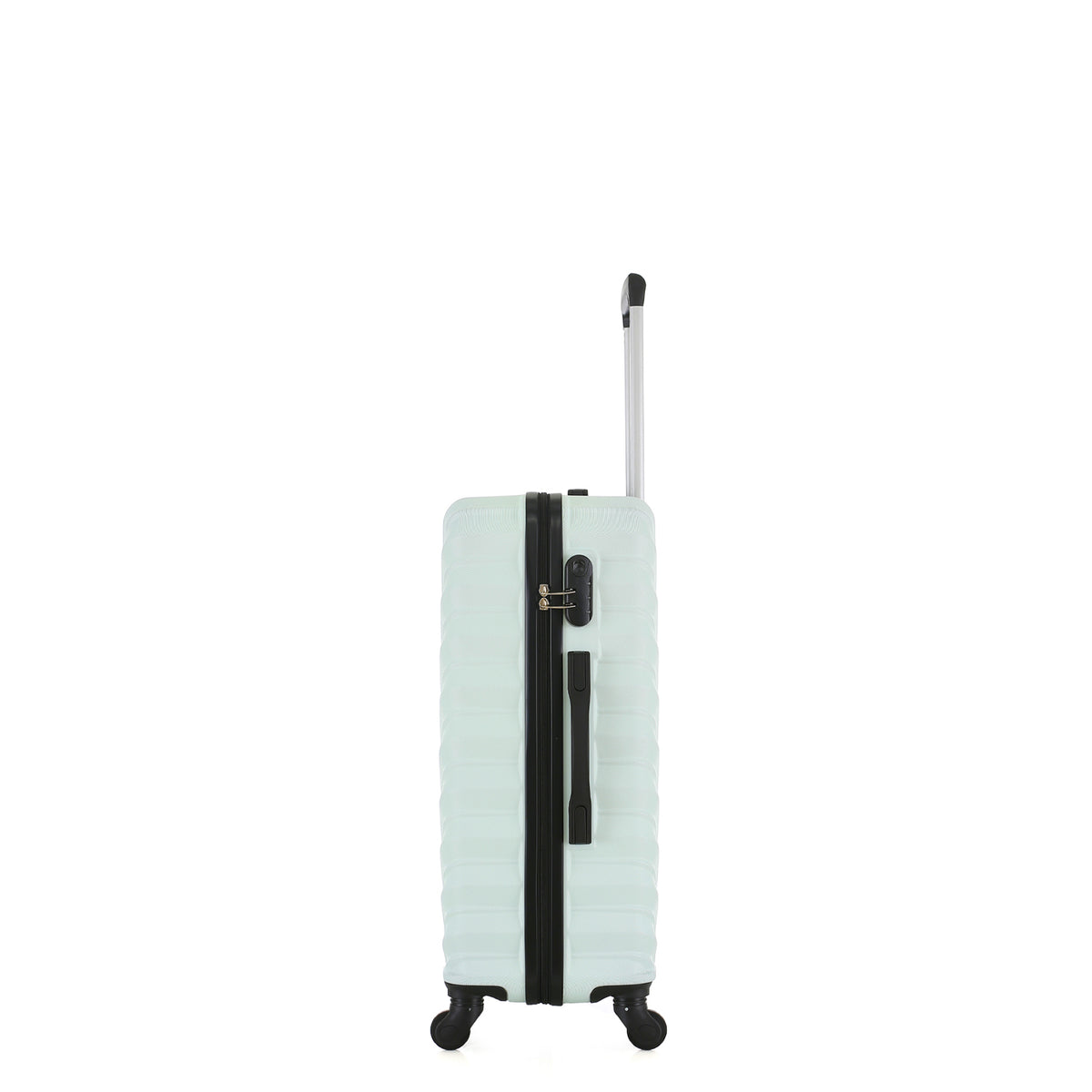 Side view of the Small mint hard-shell suitcase showing the combination lock, zip closure, side carry handle and spinner wheels.