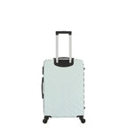 Rear view of the Small mint hard-shell suitcase with diagonal ribbed detailing, telescopic handle and spinner wheels.