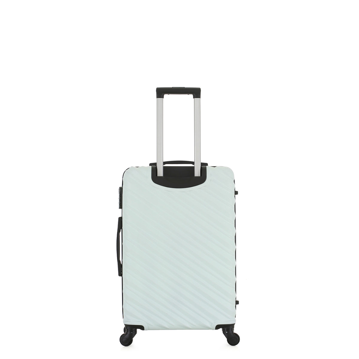 Rear view of the Small mint hard-shell suitcase with diagonal ribbed detailing, telescopic handle and spinner wheels.
