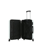 Open view of the Small mint hard-shell suitcase showing the black lined interior, zippered divider compartment and adjustable packing straps.