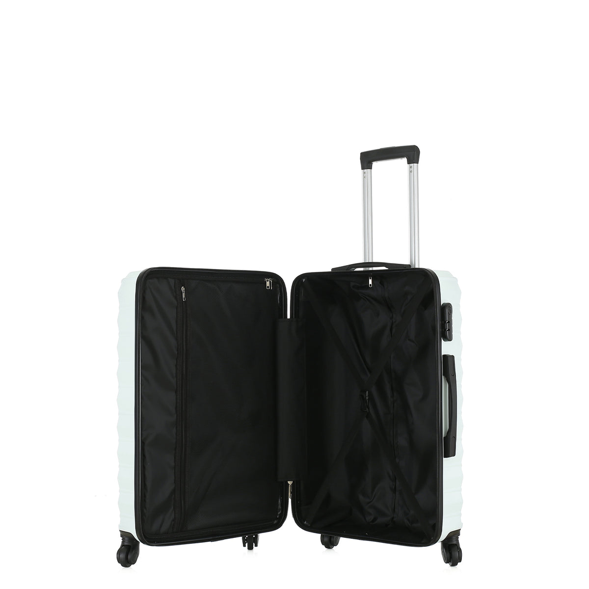 Open view of the Small mint hard-shell suitcase showing the black lined interior, zippered divider compartment and adjustable packing straps.