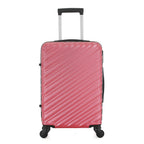 Front view of the Large raspberry hard-shell suitcase with diagonal ribbed detailing, extended telescopic handle and spinner wheels.