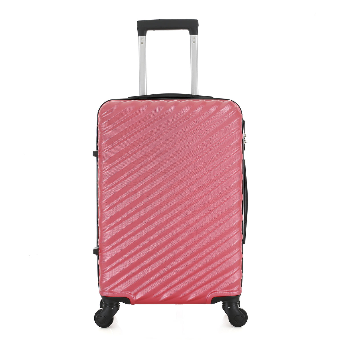 Front view of the Large raspberry hard-shell suitcase with diagonal ribbed detailing, extended telescopic handle and spinner wheels.