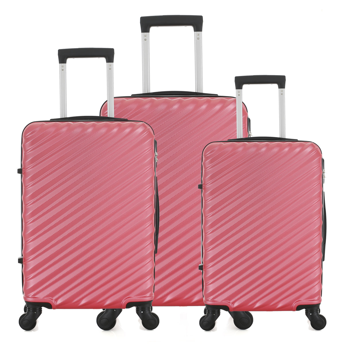 Three raspberry hard-shell suitcases in Small, Medium and Large sizes, featuring diagonal ribbed detailing, telescopic handles and spinner wheels.