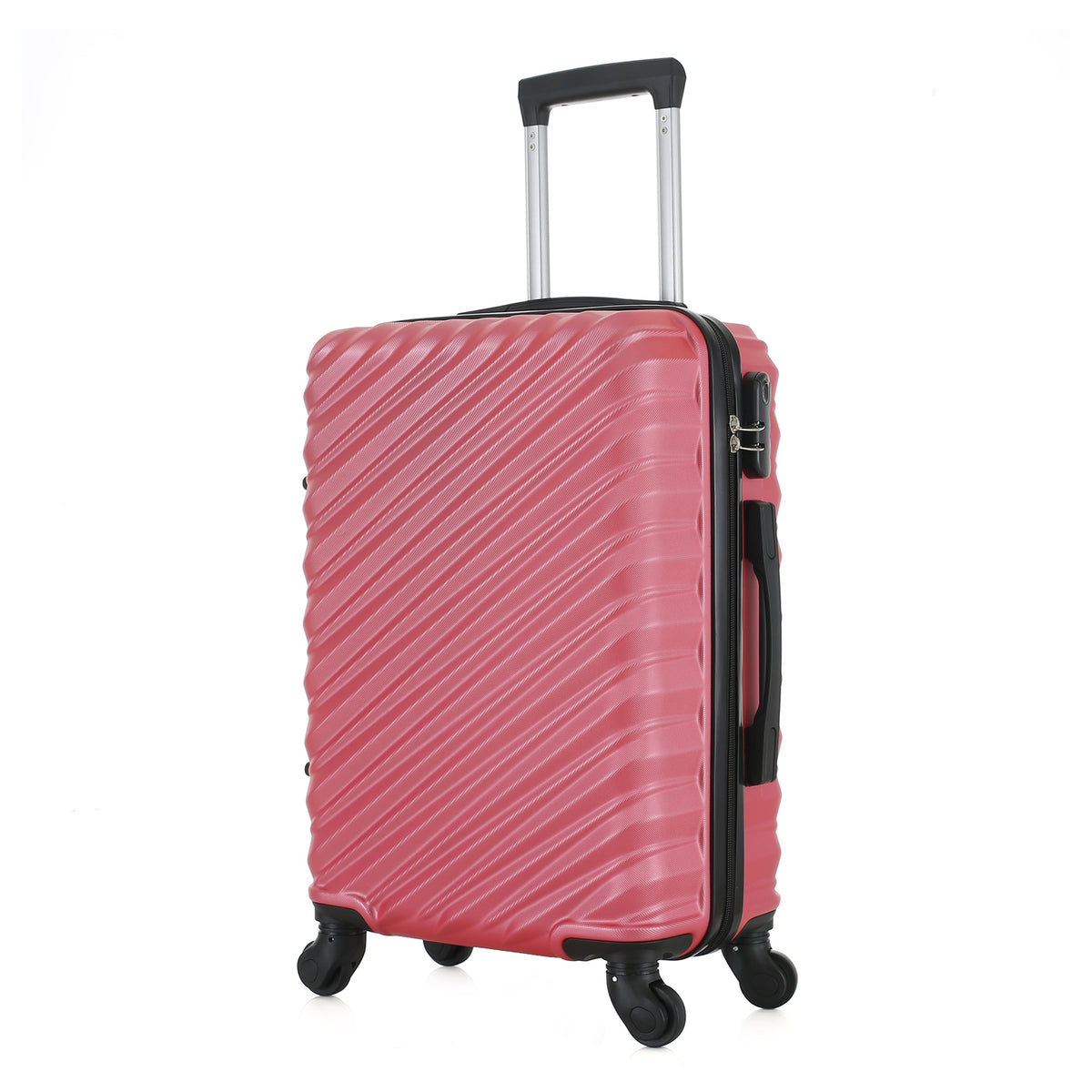 Angled view of the Large raspberry hard-shell suitcase showing the ribbed shell, zip closure, side carry handle and spinner wheels.