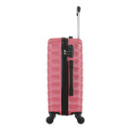 Side view of the Large raspberry hard-shell suitcase showing the combination lock, zip closure, side carry handle and spinner wheels.