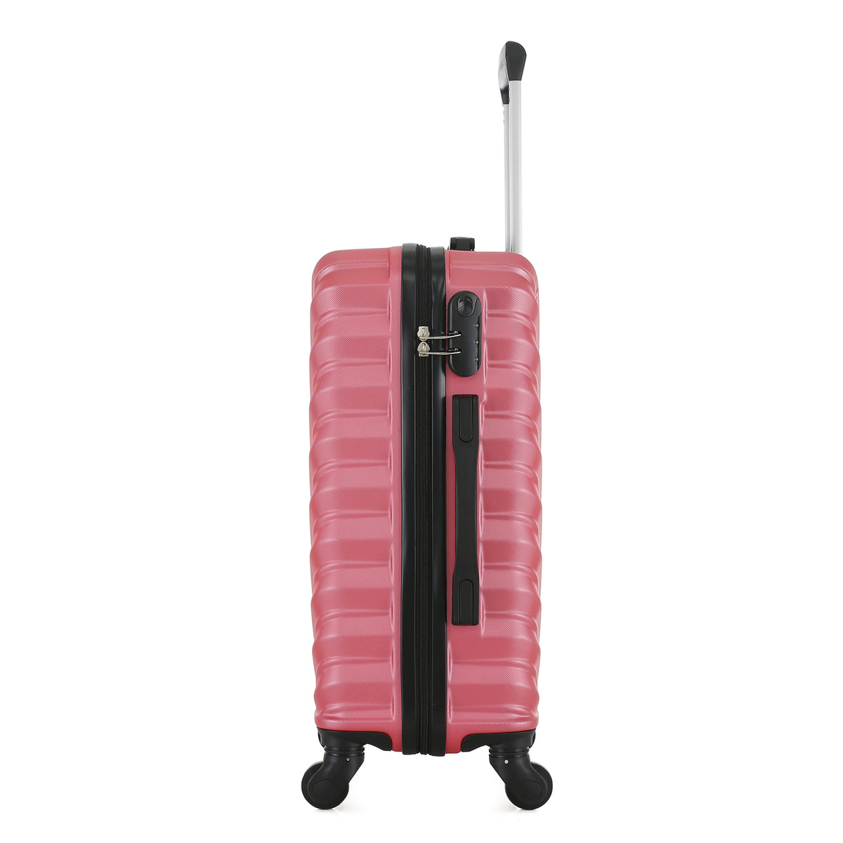 Side view of the Large raspberry hard-shell suitcase showing the combination lock, zip closure, side carry handle and spinner wheels.