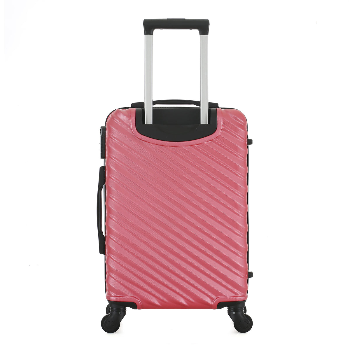 Rear view of the Large raspberry hard-shell suitcase with diagonal ribbed detailing, telescopic handle and spinner wheels.