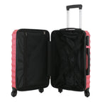 Open view of the Large raspberry hard-shell suitcase showing the black lined interior, zippered divider compartment and adjustable packing straps.