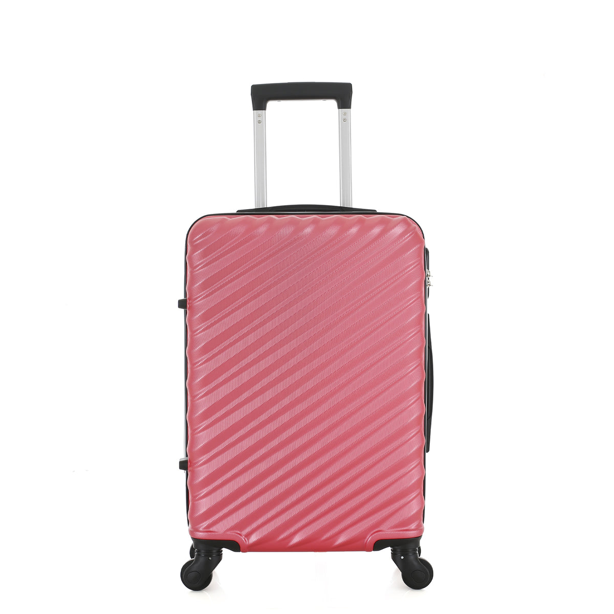 Front view of the Medium raspberry hard-shell suitcase with diagonal ribbed detailing, extended telescopic handle and spinner wheels.