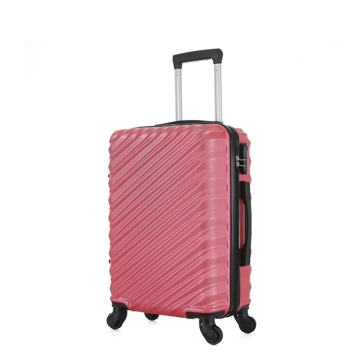 Angled view of the Medium raspberry hard-shell suitcase showing the ribbed shell, zip closure, side carry handle and spinner wheels.