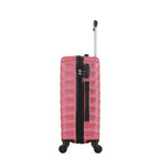 Side view of the Medium raspberry hard-shell suitcase showing the combination lock, zip closure, side carry handle and spinner wheels.