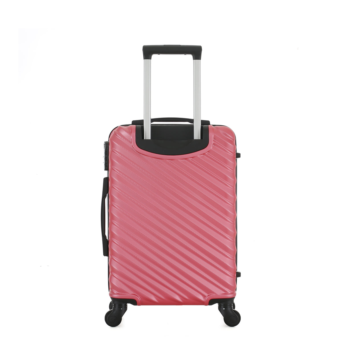 Rear view of the Medium raspberry hard-shell suitcase with diagonal ribbed detailing, telescopic handle and spinner wheels.