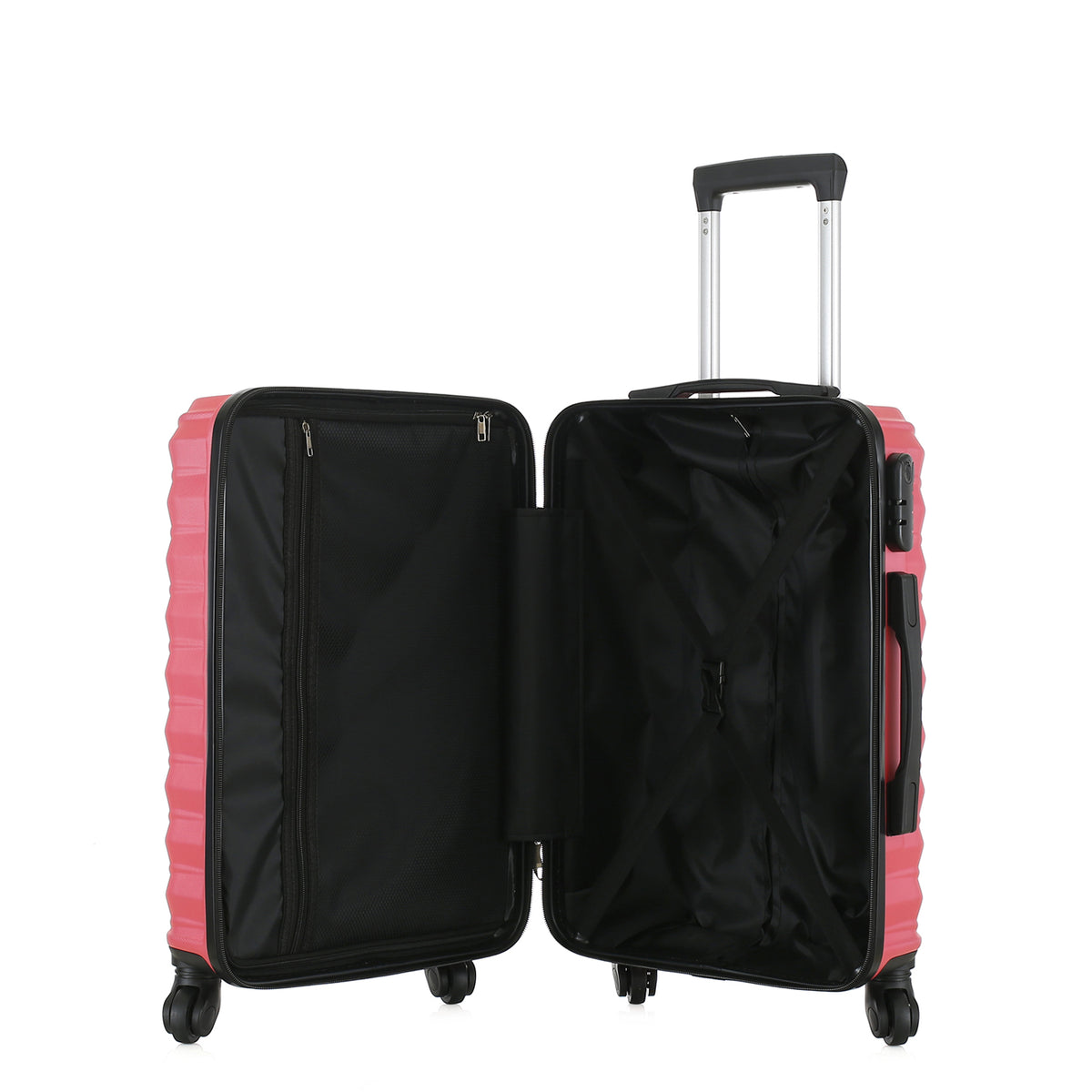 Open view of the Medium raspberry hard-shell suitcase showing the black lined interior, zippered divider compartment and adjustable packing straps.