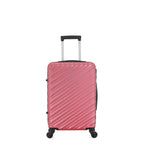 Front view of the Small raspberry hard-shell suitcase with diagonal ribbed detailing, telescopic handle and spinner wheels.