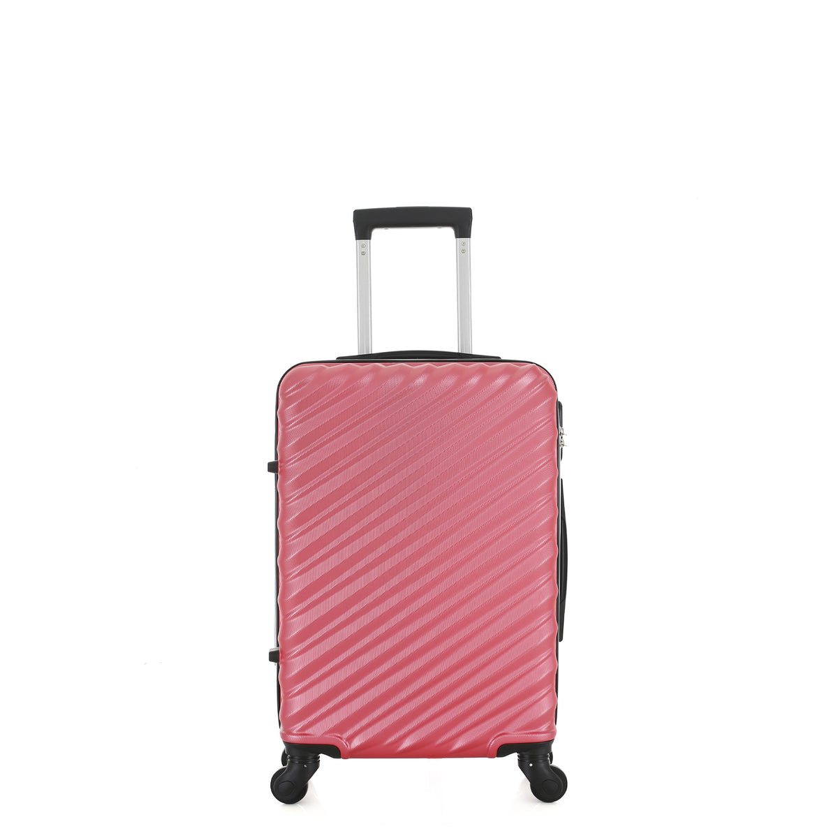 Front view of the Small raspberry hard-shell suitcase with diagonal ribbed detailing, telescopic handle and spinner wheels.