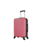 Angled view of the Small raspberry hard-shell suitcase showing the ribbed shell, zip closure, side carry handle and spinner wheels.