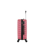 Side view of the Small raspberry hard-shell suitcase showing the combination lock, zip closure, side carry handle and spinner wheels.